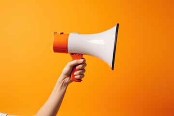 Illustration of hand holding megaphone, marketing and sales concept, orange background. Generative AI