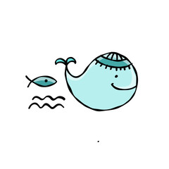 Poster - Funny wild whale character. Childish style icon, turquoise colors. Isolated on white for your design