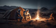 Two astronauts have a sincere conversation in the evening around a campfire near a tent on the moon. Expedition to unknown space. Lifestyle and journey concept. created with ai