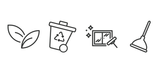 Poster - set of cleaning thin line icons. cleaning outline icons included leaves, wiping trash container, window cleanin, plunger cleanin vector.