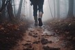 © Ornavi - person walking in the foggy forest. Generative AI