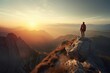 © Ornavi - Fictional Hiker stands at the summit of a mountain. sunset in the mountains. Generative AI