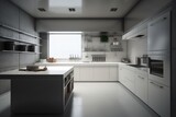 Fototapeta  - Interior of kitchen with modern oven | modern Nordic kitchen in loft apartment. 3D rendering | Modern Contemporary kitchen room interior .white and wood material 3d render, Generative AI