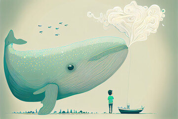 Wall Mural - Child with whale logo. AI render.