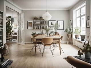 Scandinavian interier Pouf and brown rug near white cupboard in natural dining room interior with white chairs, plants and wooden shelves highly