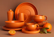 © sotnikova_vera - ceramic kitchen cups and plates and bowls orange background. AI generated.