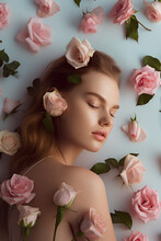 Pastel Spring Tender Background, Fresh Pink Field Flowers, Roses, Petals And Leaves On Young Beautiful Girl, Flat Lay Portrait. Generative AI.