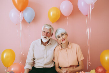 Grandparents organizing a birthday party, elderly people celebrating and having fun with birthday cake, balloons and confetti. Generative AI.