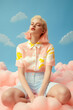 © Uncanny Valley - A young, beautiful girl who is in the clouds, thick white clouds on clear blue sky. A symbol of happiness, joy and freedom, a cute girl in a pastel outfit. Generative AI.