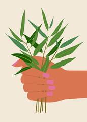 Canvas Print - Willow branches with green leaves form a bouquet that a person holds in his hand. The Christian holiday of Palm Sunday preceding Easter. Vector.