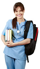 Wall Mural - Attractive young female medical student with backpack and books on white background