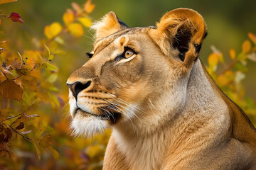 Beautiful lioness in the wild. Lioness in the meadow. Wild african animals. Digital art