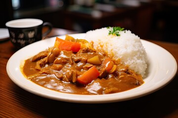 Japanese ordinary curry rice (Potatoes, carrots, onions and beef in spicy yellow curry served with steamed rice.). Generative Ai