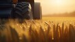 Generative AI, closeup modern combine harvester on a wheat field, farm landscape, agricultural beautiful countryside. Nature Illustration, photorealistic horizontal banner.