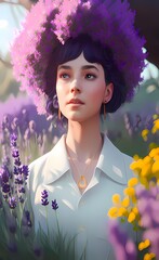 Girl in a lavender wreath. Girl in a lavender wreath in a lavender field, a symbol of mental health. AI-generated digital illustration, photorealistic style