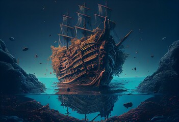 Wall Mural - sunken pirate ship, illustration. AI generation. Generative AI