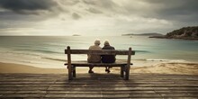 Old Couple Sitting On Bench And Enjoying Sea View. Generative AI