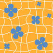 © Marivolkoff - 1970s Retro Abstract flowers pattern groovy trippy on orange distorted checkered background. Trippy Grid, Wavy Swirl Pattern. Seventies Style, Wallpaper. Hippie Aesthetic. Vector Illustration