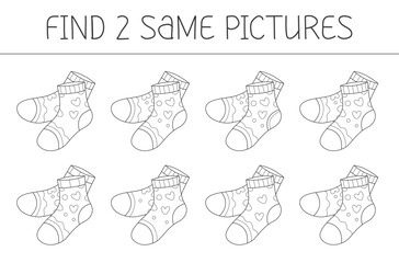 Find two some pictures is an educational game for kids with socks. Cute socks coloring book. Vector illustration.