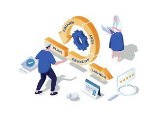Leinwandbilder - Agile development concept 3d isometric web scene. People working with process of plan, develop software, test, review, launch and other devops cycle. Illustration in isometry graphic design
