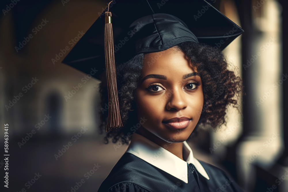 Beautiful black american woman wearing a graduation cap. Study ...