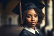 Beautiful black american woman wearing a graduation cap. Study, education, university, college, graduate concept. Generative AI illustration