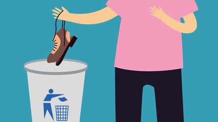 Wall Mural - Illustration of a person throwing a shoe into a trash can.