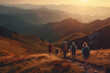 Behind view of group of hiker tourists walks on mountains at sunset, silhouette, Generative AI