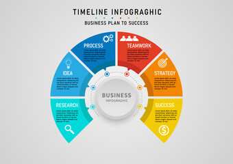 infographic business planning The circle is divided into 6 multi-colored pieces. The circle button in the center. There are various characters and icons. on a gray gradient background