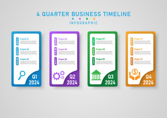 Wall Mural - nfographic business planning 4 quarter bright multi colored squares with month abbreviation and icons on gray gradient background design for marketing, growth, finance, investment, product