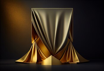 Golden cloth design stage on grungy floor display backdrop with presentation and gold luxury curtain product background stand or podium pedestal. Generative AI