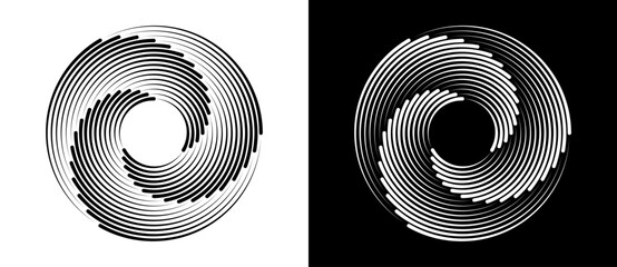 Abstract background with speed lines. Halftone design in circles. Creative spiral as logo or icon. Black lines on a white background and white lines on the black side.