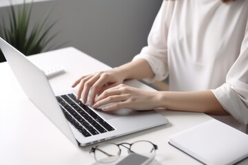 Woman hands typing on computer keyboard closeup, businesswoman or student using laptop at home, online learning, internet marketing, working from home, office workplace freelance concept