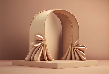 3D background. Beige podium, display mockup. Silk cloth in motion. Gold arch frame for Beauty, product, cosmetic presentation. Feminine scene with pedestal. 3d render. Generative AI