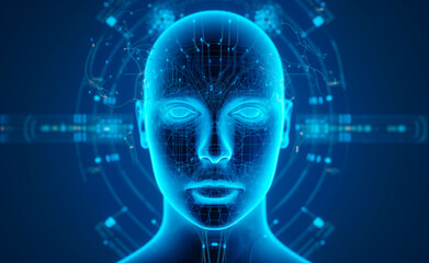 Futuristic medical technology abstract head abstract head graph of a person with graphs and cables on a background. Hi tech Wireframe human AI system concept
