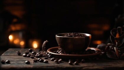 Wall Mural - Cup of coffee and coffee beans on old wooden table and black grunge background. Generative AI