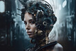 © aicandy - bold and empowering portrait of a woman with striking features, dressed in a futuristic outfit and surrounded by mechanical elements and abstract shapes, generative ai