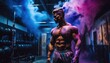 © DesignVectX - Muscular bodybuilder male athlete demonstrates her body in the gym. Generative AI