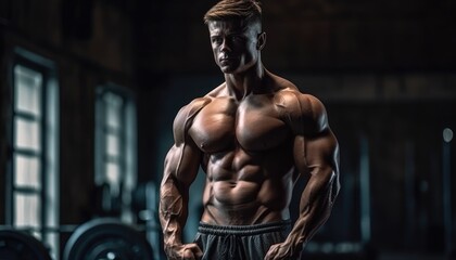 Wall Mural - Muscular bodybuilder male athlete demonstrates her body in the gym. Generative AI