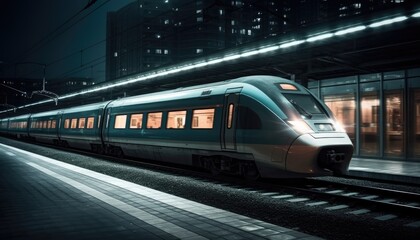 Wall Mural - Photo of modern high speed train passing through the city at night. Generative AI