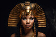 Egyptian queen wearing a golden headdress with intricate details and a regal expression on her face'', generative ai