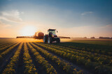 Fototapeta  - Tractor spraying pesticides on soybean field with sprayer at spring. Generative AI