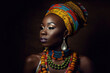 Elegant African woman with a bold tribal makeup look, wearing a beaded choker necklace and a colorful headwrap, generative ai