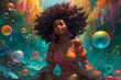 Young African American woman with playful expression against a whimsical underwater background featuring colorful bubbles, perfect for creative projects and romantic themes. Generative AI