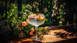 A frosted glass of clear gin and tonic sits on a wrought iron patio table, surrounded by lush greenery and colorful flowers. Generated AI