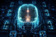 Glowing cyber brain over circuit board, human-machine interface concept. Generative AI illustration