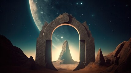 Poster -  an ancient big portal with magic symbol, open to the cosmos, starry sky, mountains, realistic, photographic, generative ai