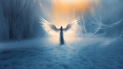 Wall Mural -  angel on ice and snow, glowing fog intricate, elegant, highly detailed, realistic, photography, generative ai