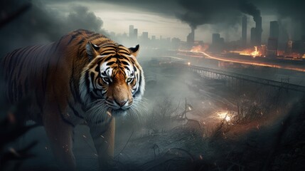 Wall Mural - angry tiger, deep dark jungle, isometric, digital art, smog, pollution, toxic waste, chimneys and ra