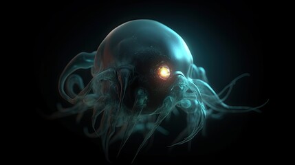 Wall Mural - Cyclops, sea creature with parts of his body glowing. Underwater scene with fog and depth of field glowing from the bottom, surface scattering, ray tracing, octane, realistic,  generative ai